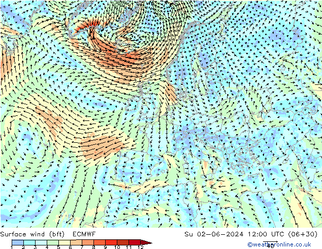 Bodenwind (bft) ECMWF So 02.06.2024 12 UTC