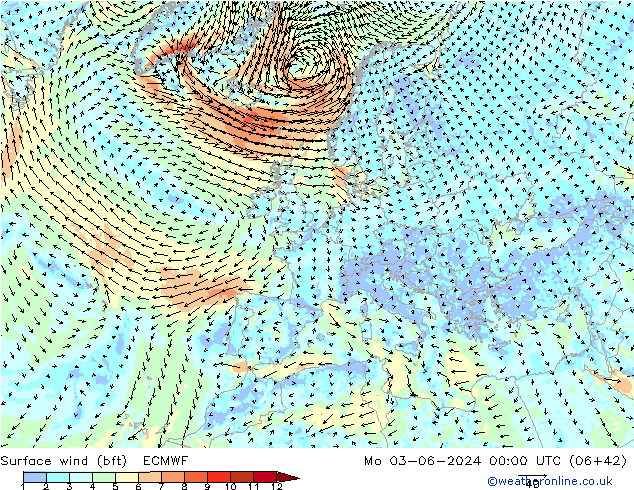 Surface wind (bft) ECMWF Mo 03.06.2024 00 UTC