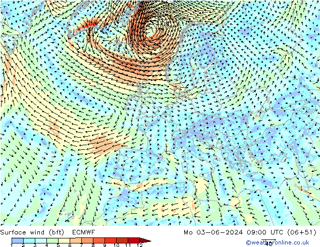 Surface wind (bft) ECMWF Mo 03.06.2024 09 UTC