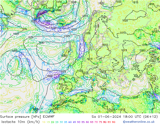 Isotaca (kph) ECMWF sáb 01.06.2024 18 UTC