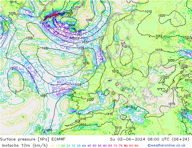 Isotachs (kph) ECMWF  02.06.2024 06 UTC