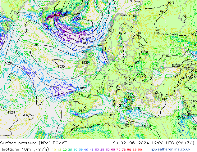 Isotachs (kph) ECMWF Ne 02.06.2024 12 UTC