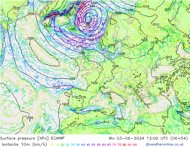 Isotachen (km/h) ECMWF Mo 03.06.2024 12 UTC