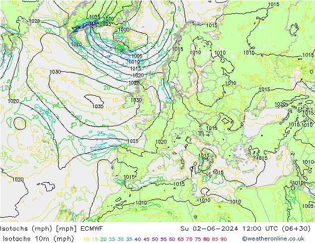 Isotachen (mph) ECMWF So 02.06.2024 12 UTC