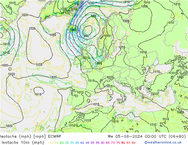 Isotachen (mph) ECMWF Mi 05.06.2024 00 UTC