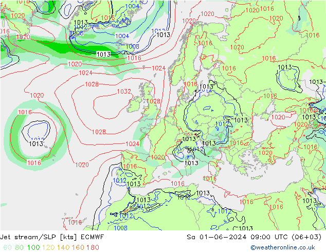 Jet stream/SLP ECMWF Sa 01.06.2024 09 UTC