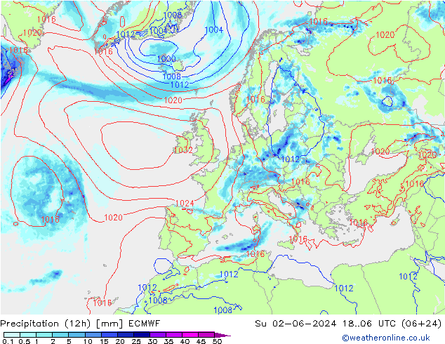 Precipitation (12h) ECMWF Su 02.06.2024 06 UTC