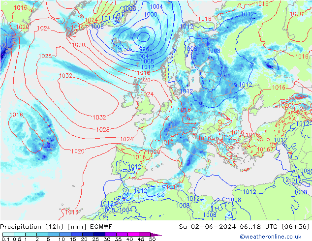 Precipitation (12h) ECMWF Su 02.06.2024 18 UTC