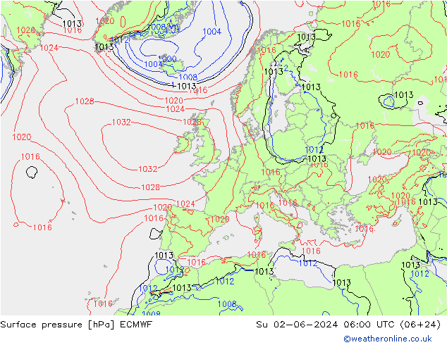Pressione al suolo ECMWF dom 02.06.2024 06 UTC