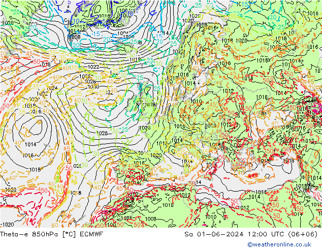 Theta-e 850hPa ECMWF Sa 01.06.2024 12 UTC