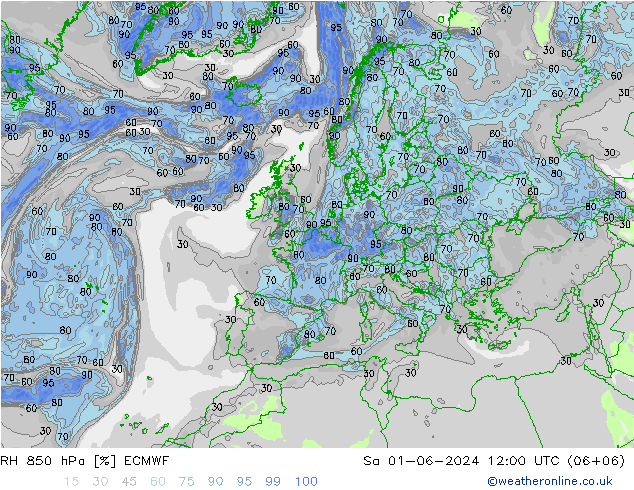 RH 850 hPa ECMWF Sáb 01.06.2024 12 UTC