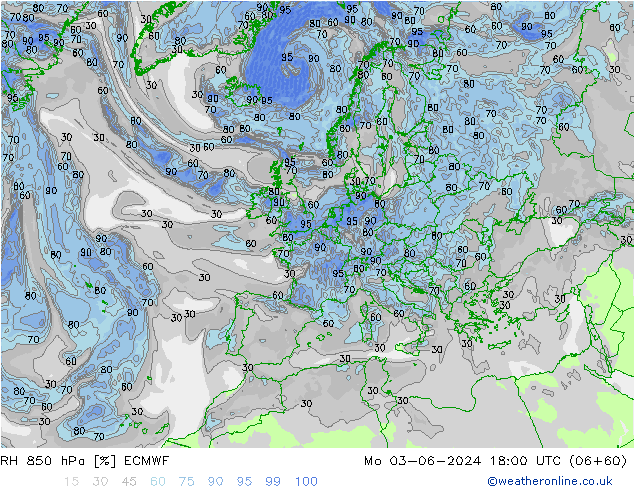Humidité rel. 850 hPa ECMWF lun 03.06.2024 18 UTC