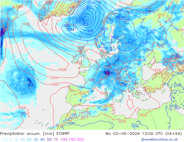 Precipitation accum. ECMWF Mo 03.06.2024 12 UTC