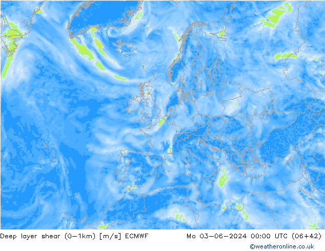 Deep layer shear (0-1km) ECMWF пн 03.06.2024 00 UTC