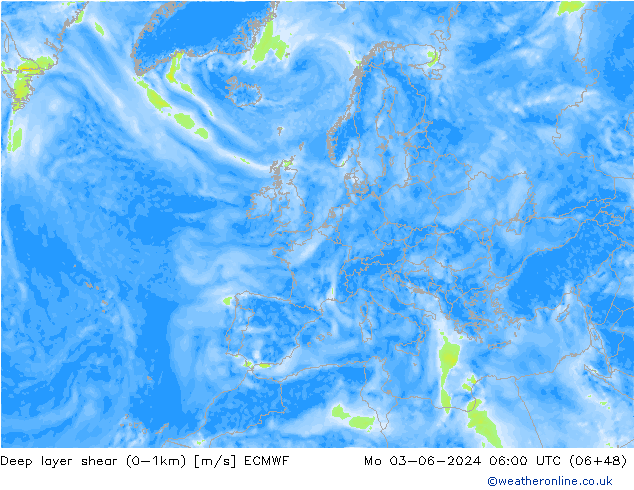 Deep layer shear (0-1km) ECMWF Mo 03.06.2024 06 UTC