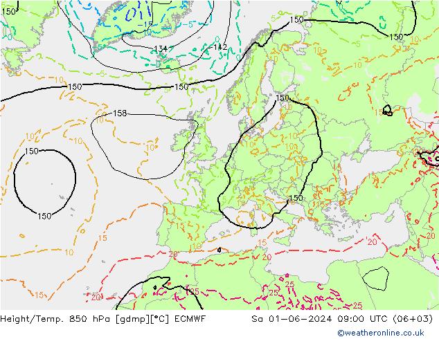 Yükseklik/Sıc. 850 hPa ECMWF Cts 01.06.2024 09 UTC