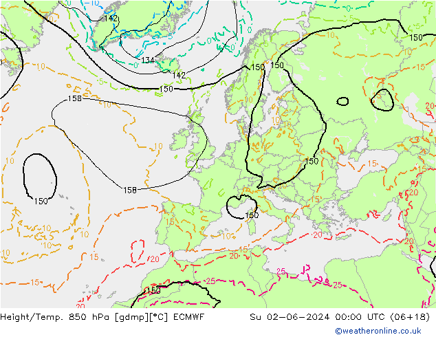 Z500/Yağmur (+YB)/Z850 ECMWF Paz 02.06.2024 00 UTC