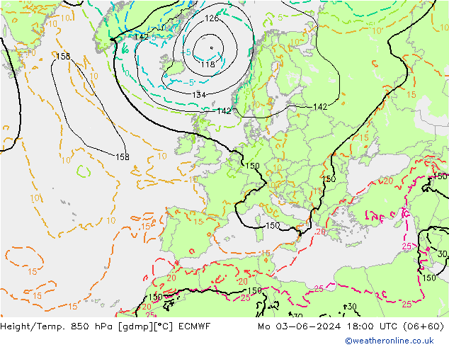 Geop./Temp. 850 hPa ECMWF lun 03.06.2024 18 UTC