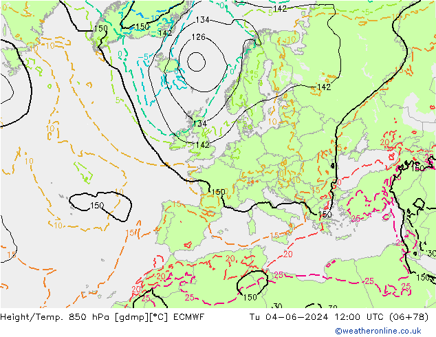 Z500/Rain (+SLP)/Z850 ECMWF Út 04.06.2024 12 UTC