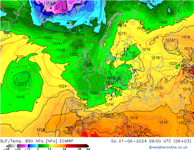 SLP/Temp. 850 hPa ECMWF Sa 01.06.2024 09 UTC