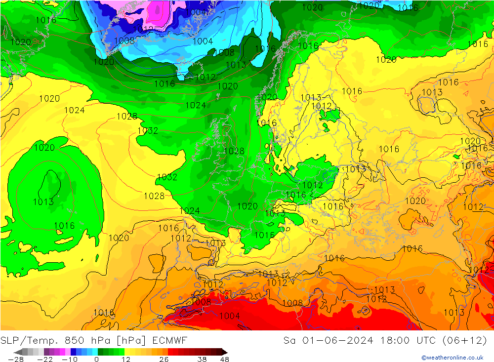 SLP/Temp. 850 hPa ECMWF sam 01.06.2024 18 UTC