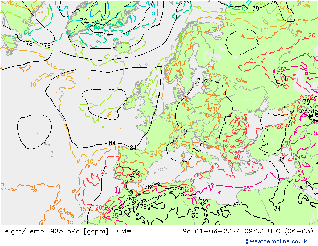 Height/Temp. 925 hPa ECMWF Sáb 01.06.2024 09 UTC
