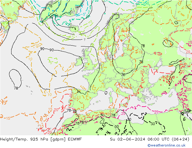 Height/Temp. 925 hPa ECMWF dom 02.06.2024 06 UTC