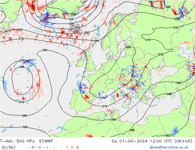 T-Adv. 500 hPa ECMWF so. 01.06.2024 12 UTC