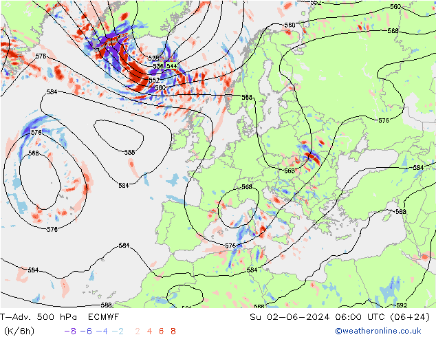 T-Adv. 500 гПа ECMWF Вс 02.06.2024 06 UTC