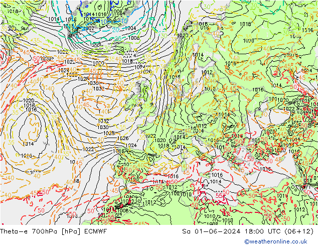 Theta-e 700hPa ECMWF sab 01.06.2024 18 UTC