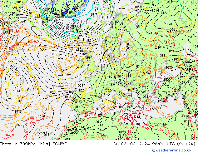 Theta-e 700гПа ECMWF Вс 02.06.2024 06 UTC