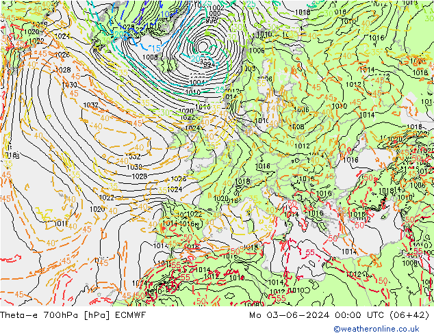 Theta-e 700hPa ECMWF Po 03.06.2024 00 UTC