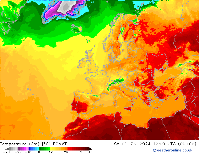 Temperatura (2m) ECMWF Sáb 01.06.2024 12 UTC
