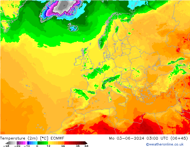 Temperaturkarte (2m) ECMWF Mo 03.06.2024 03 UTC