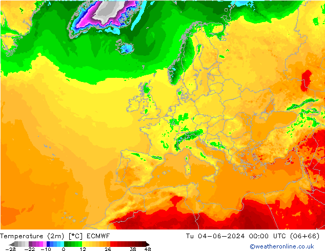 Temperature (2m) ECMWF Tu 04.06.2024 00 UTC