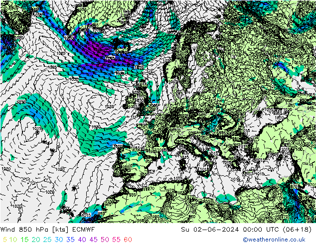 ветер 850 гПа ECMWF Вс 02.06.2024 00 UTC
