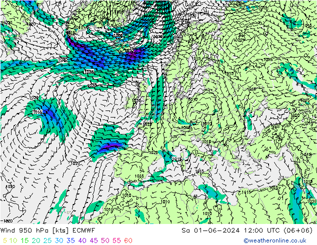 Prec 6h/Wind 10m/950 ECMWF Sa 01.06.2024 12 UTC