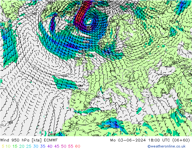 Rüzgar 950 hPa ECMWF Pzt 03.06.2024 18 UTC