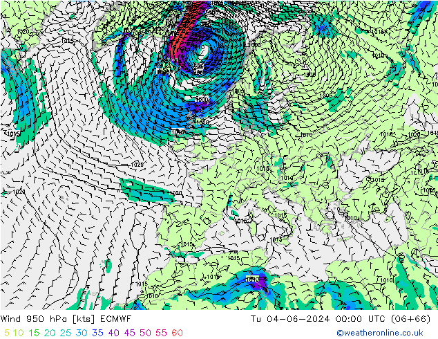 Wind 950 hPa ECMWF Tu 04.06.2024 00 UTC