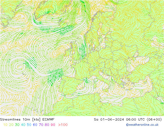 Streamlines 10m ECMWF Sa 01.06.2024 06 UTC