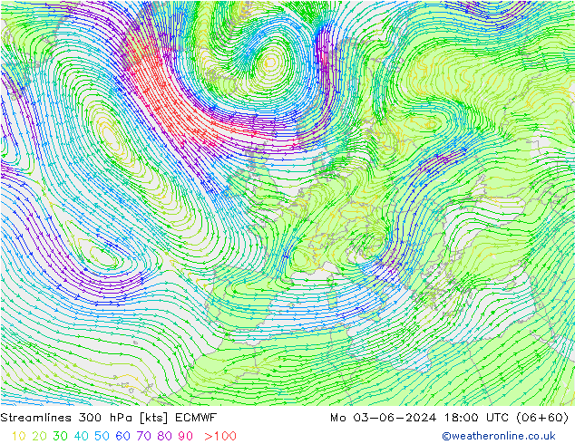 Streamlines 300 hPa ECMWF Po 03.06.2024 18 UTC