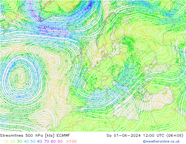 ветер 500 гПа ECMWF сб 01.06.2024 12 UTC