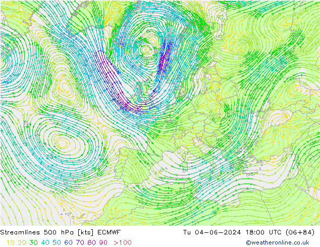 Stroomlijn 500 hPa ECMWF di 04.06.2024 18 UTC