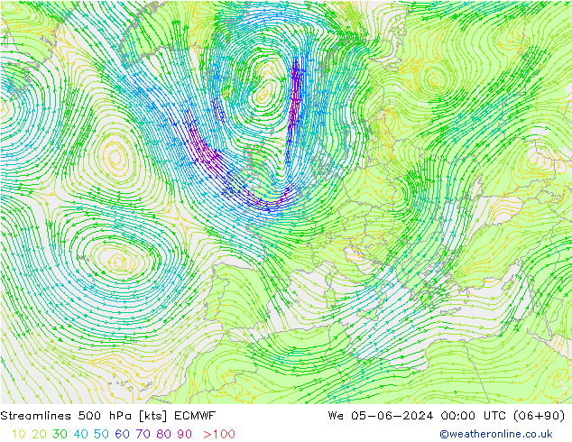 Stromlinien 500 hPa ECMWF Mi 05.06.2024 00 UTC