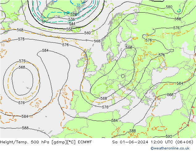 Z500/Rain (+SLP)/Z850 ECMWF 星期六 01.06.2024 12 UTC