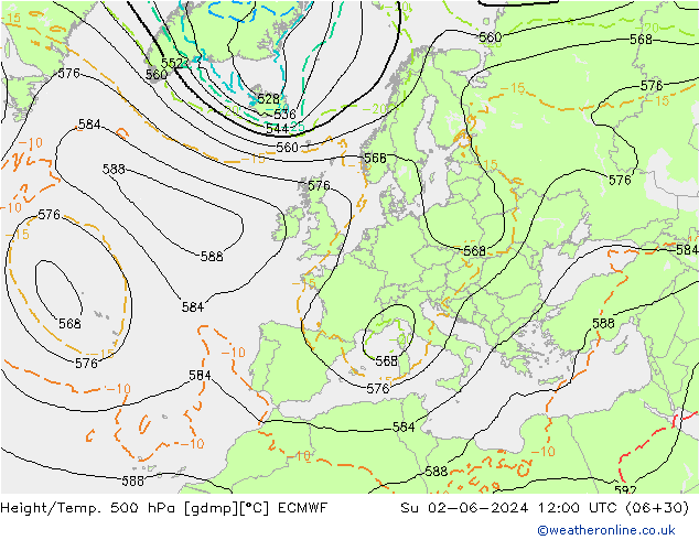 Z500/Rain (+SLP)/Z850 ECMWF dom 02.06.2024 12 UTC