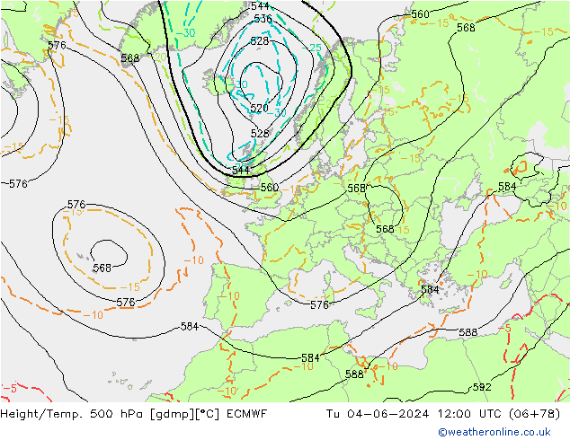 Z500/Rain (+SLP)/Z850 ECMWF Út 04.06.2024 12 UTC