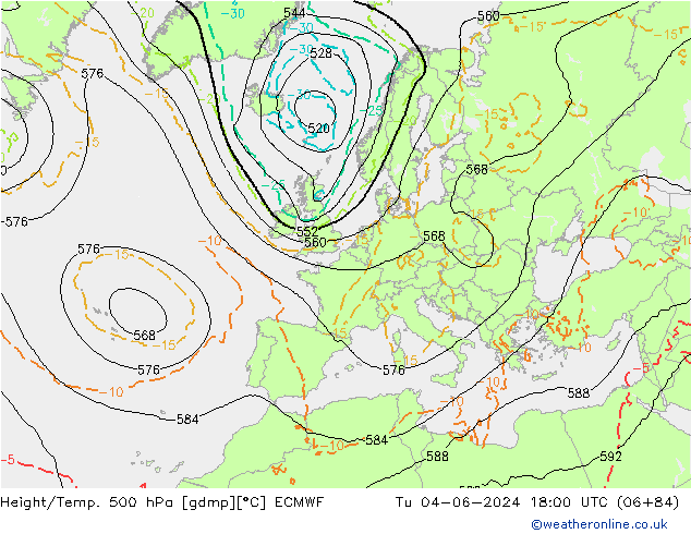 Z500/Rain (+SLP)/Z850 ECMWF Tu 04.06.2024 18 UTC