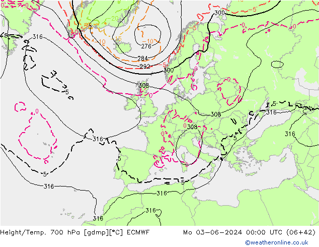 Height/Temp. 700 hPa ECMWF Po 03.06.2024 00 UTC