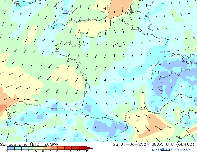 ве�Bе�@ 10 m (bft) ECMWF сб 01.06.2024 09 UTC